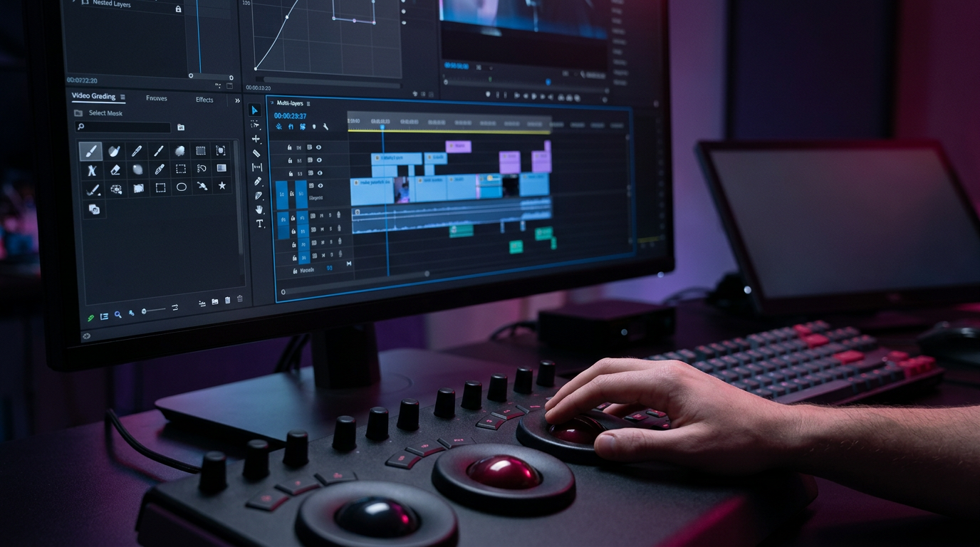 A screenshot of the Runway Gen-3 Alpha user interface, showing advanced timeline controls, brush masking tools, and multi-track video editing capabilities for VFX artists.