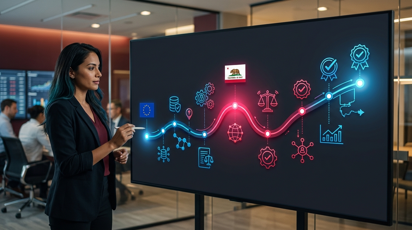 A detailed timeline graphic showing the rollout of global AI video compliance laws in 2026, including the EU AI Act and California SB 942, highlighting the need for c2pa video compliance.