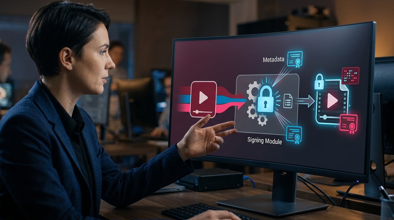 A technical diagram illustrating the cryptographic signing process of C2PA 2.0, showing metadata securely attaching to a video file for c2pa video compliance.