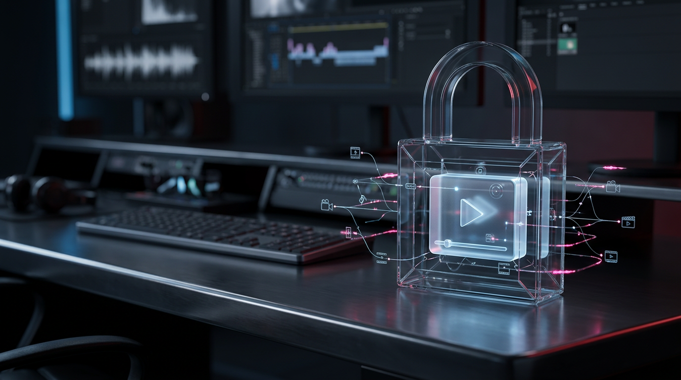 A conceptual diagram showing how to implement C2PA for enterprise video security with a digital padlock.