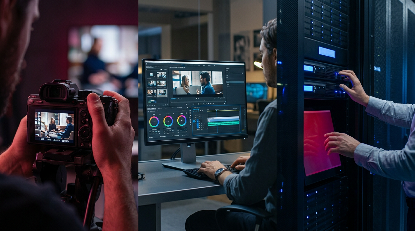 An infographic flowchart displaying the C2PA lifecycle. It shows a camera capturing video, editing software adding an AI disclosure, a server applying a cryptographic signature, and a web browser displaying a Content Credentials trust badge.