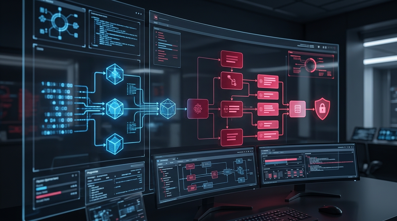 A complex flow chart on a dark background illustrating the automated metadata injection pipeline, converting raw AI generation data into standard XMP fields.