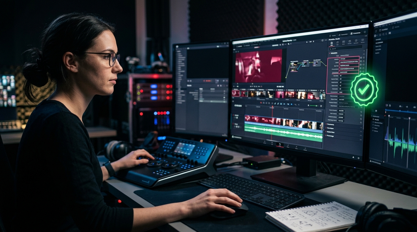 A professional video editing software interface displaying a c2pa metadata panel, highlighting specific IPTC 2025.1 AI tags and a valid digital signature badge.