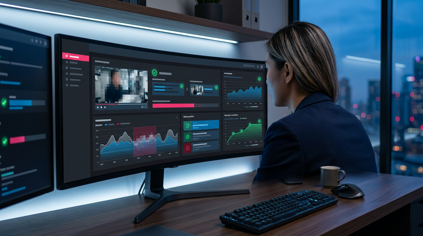 A highly technical dashboard screen showing AI rendering processes and an eu ai act checklist compliance interface.