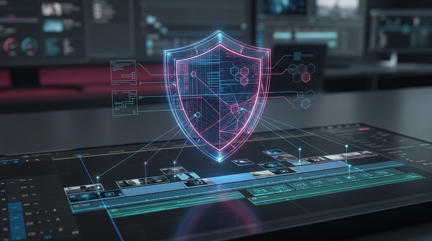 A glowing digital shield protecting a video timeline, symbolizing legal compliance and intellectual property protection under the EU AI Act.