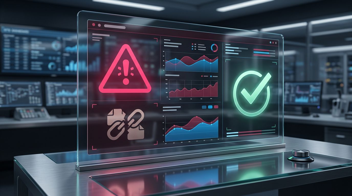 A dashboard displaying metrics for c2pa compliance, showing warning signs and green checkmarks.