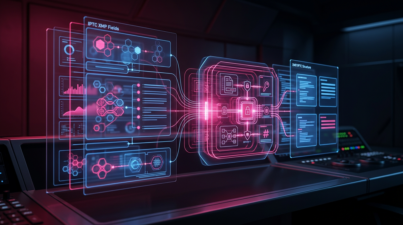 A detailed schematic showing the technical layers of IPTC 2025.1 XMP fields wrapping around a core C2PA cryptographic manifest.