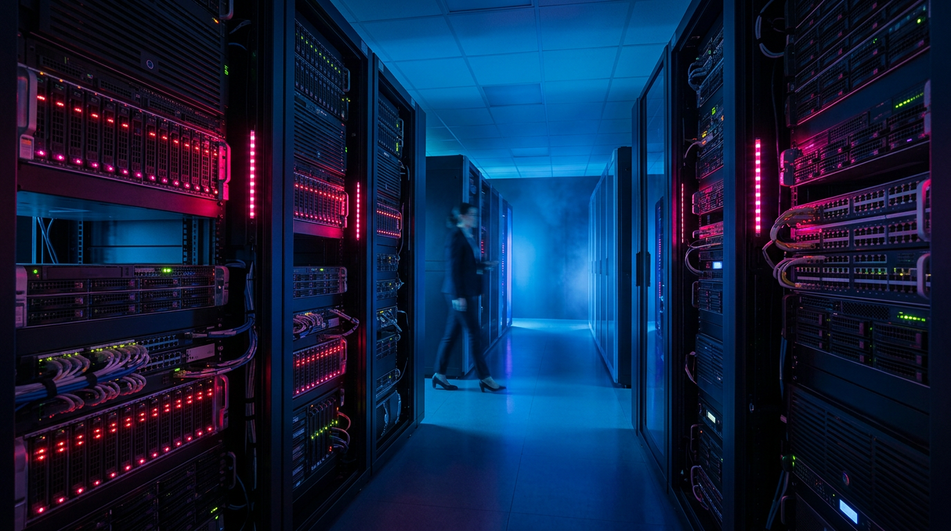 A modern, high-tech server room with glowing blue lights, symbolizing enterprise video storage and legal compliance data processing under the eu ai act c2pa.