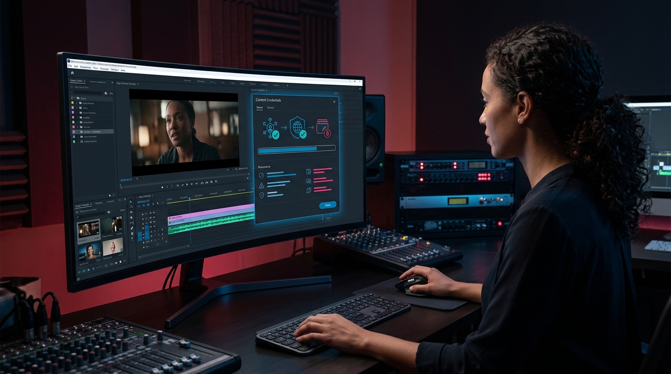 A software interface showing a video editing timeline with a prominent 'Content Credentials' panel displaying verifiable metadata for eu ai act c2pa compliance.