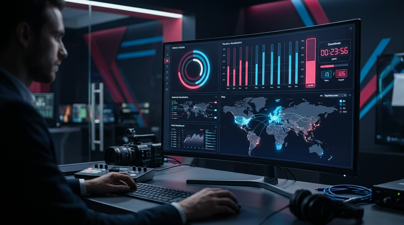 A sleek, modern dashboard displaying compliance metrics, a countdown timer to August 2026, and a global map highlighting EU regulatory zones.