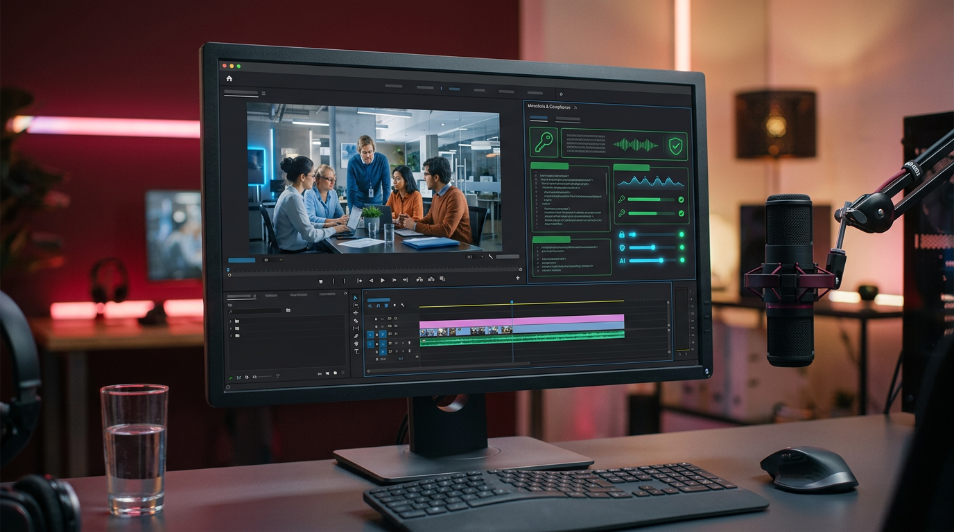 A modern video editing software interface displaying cryptographic metadata for ai video regulation compliance.