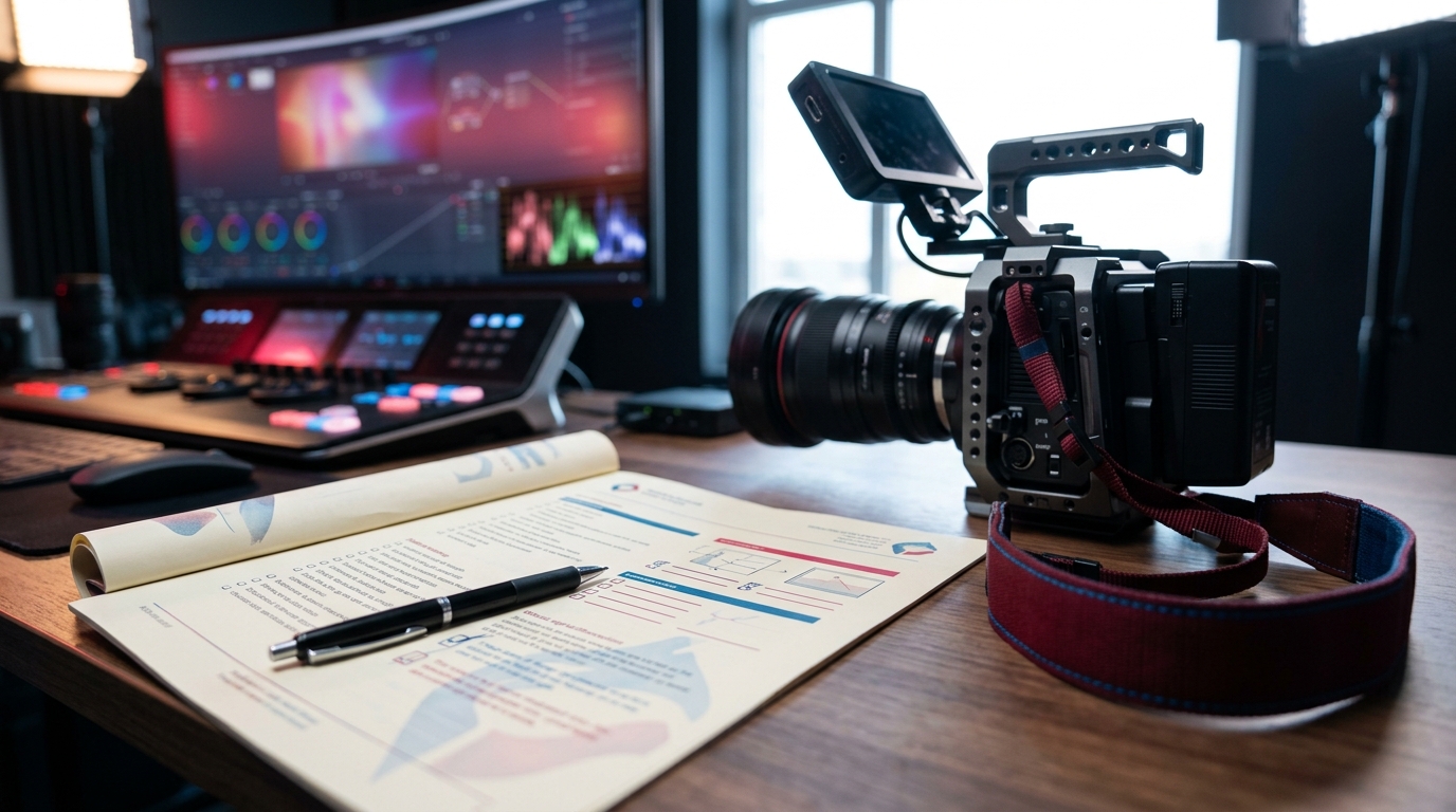 A conceptual legal document outlining ai video regulation compliance on a filmmaker's desk.