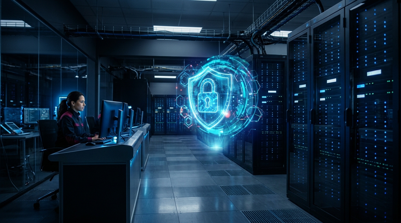 A futuristic server room representing secure infrastructure for ai video regulation.