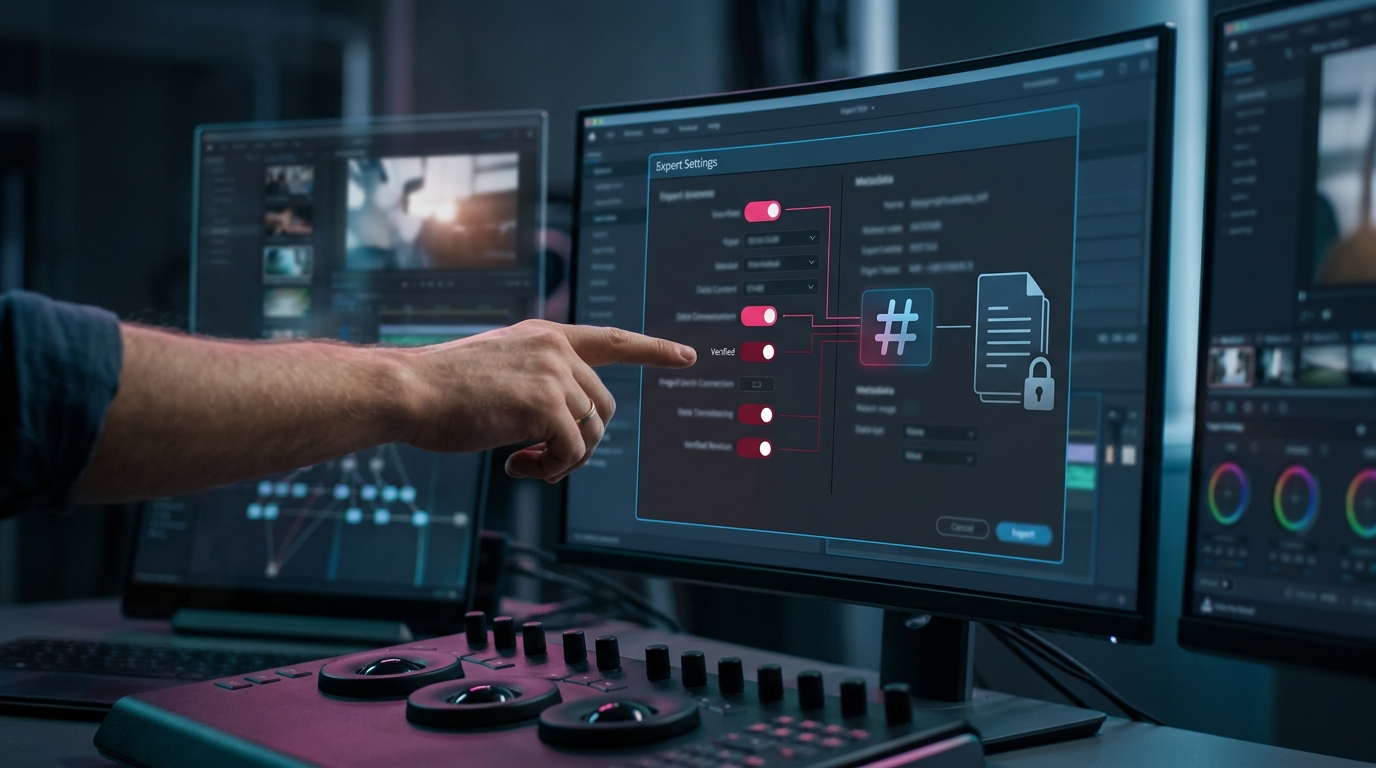 A user interface of video editing software showing export settings configured for c2pa compliance and metadata retention.