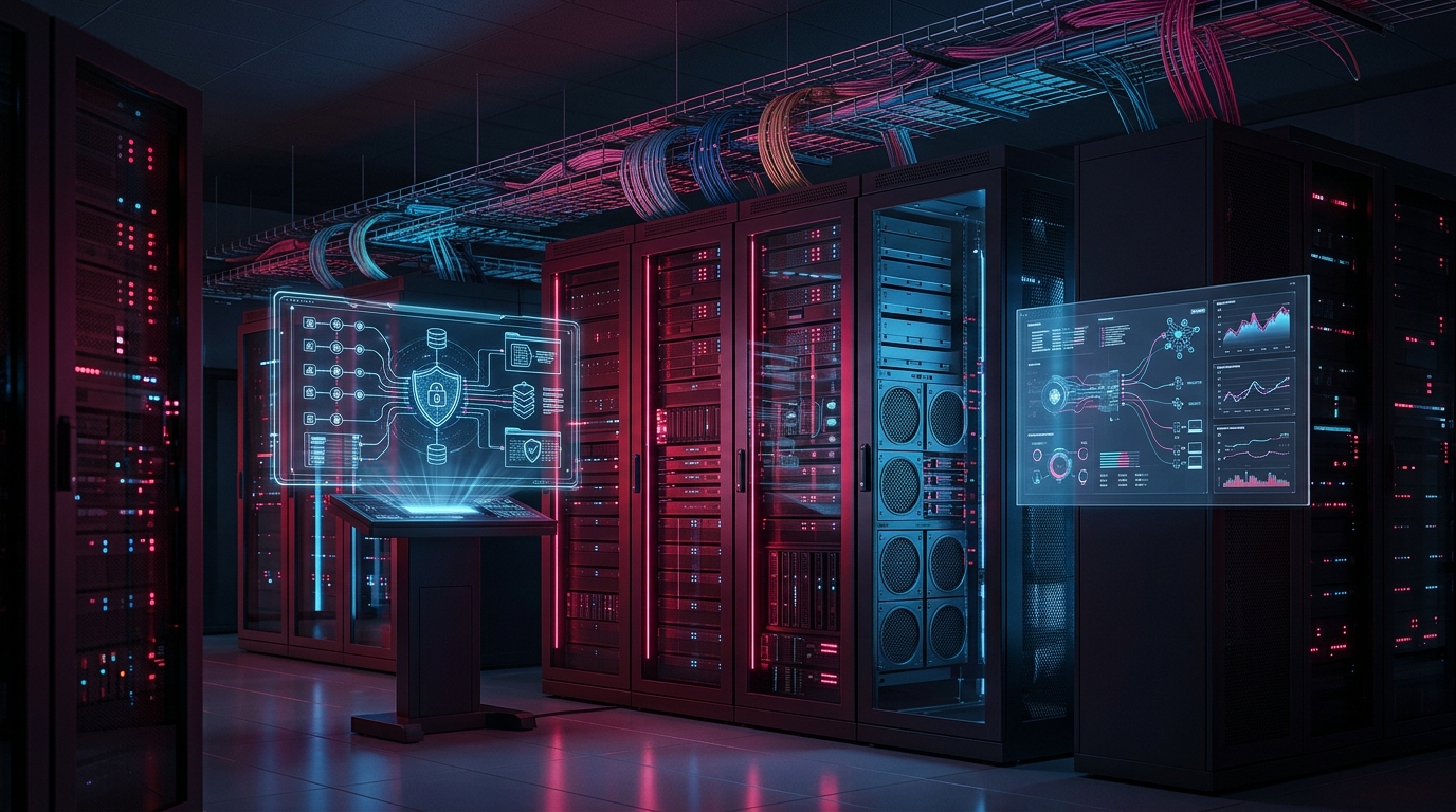 A modern, high-tech server room representing the secure digital infrastructure required for processing cryptographic metadata and AI compliance.