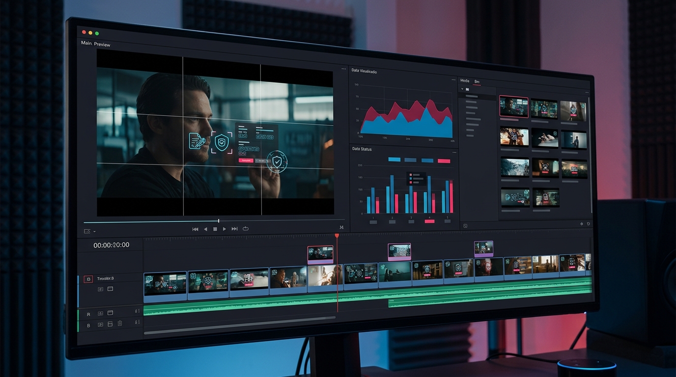 A high-tech dashboard interface displaying video editing software with an overlay for EU AI Act compliance, showing C2PA metadata tags.