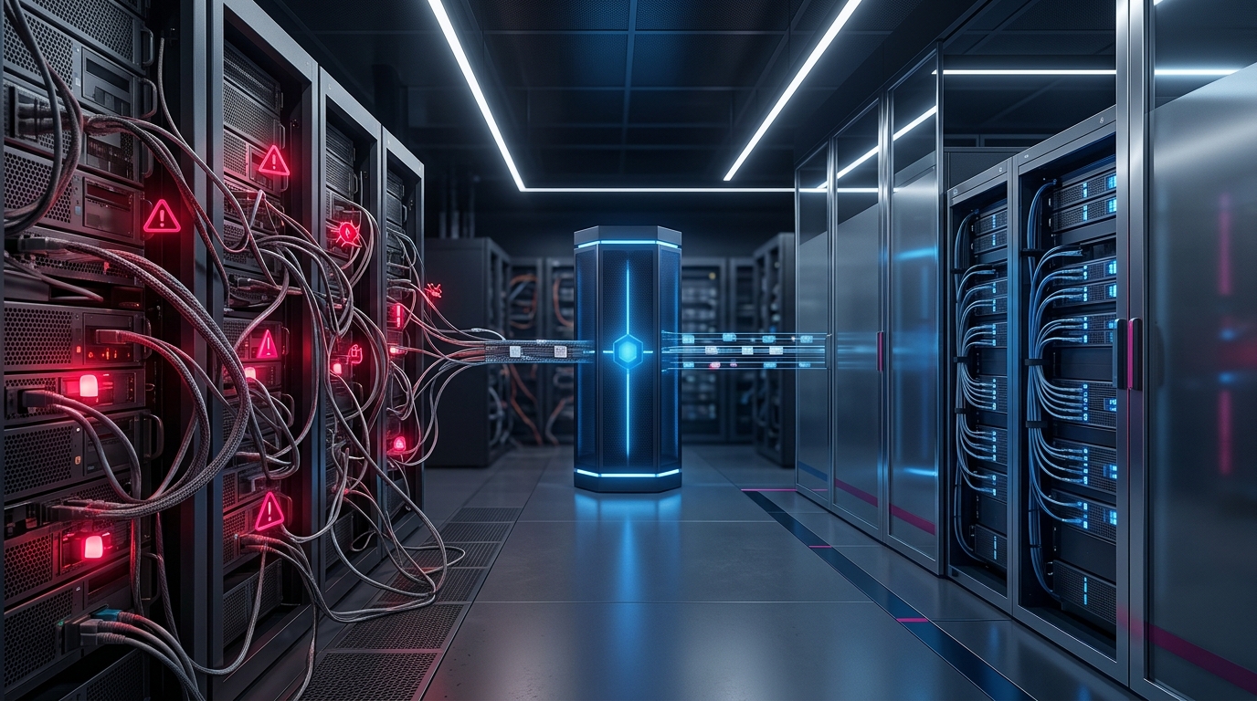 A sleek, dark-mode visual comparing a chaotic, non-compliant video pipeline with red warning icons to a clean, compliant pipeline secured by a central AI System of Record.