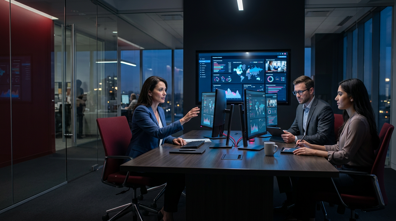 A corporate legal team reviewing video compliance dashboards on multiple monitors in a modern office.
