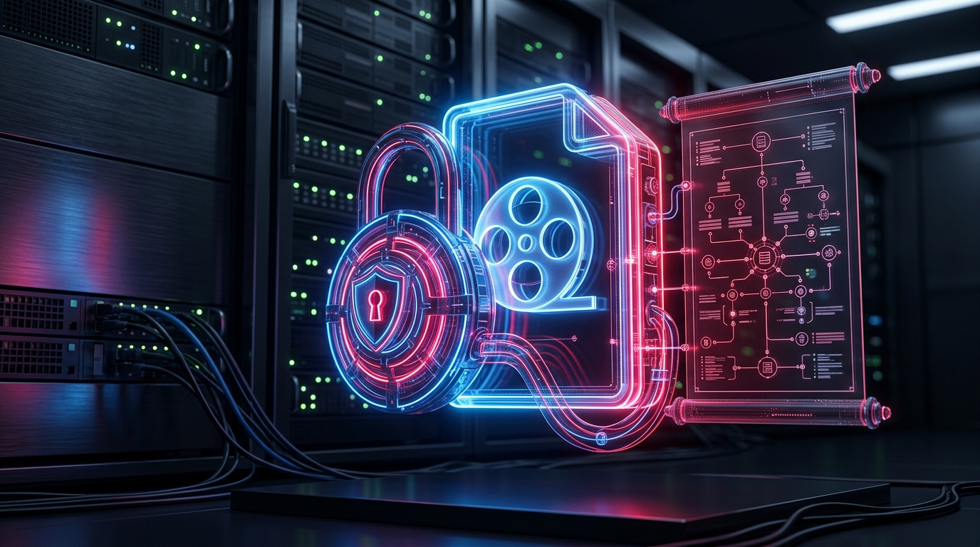 A technical diagram showing a digital video file with a glowing cryptographic lock and a metadata manifest attached to it.