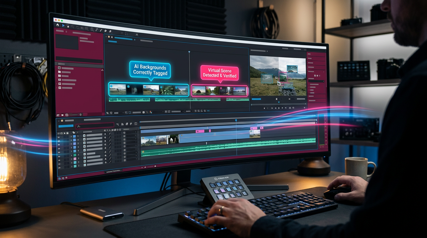 A technical UI dashboard showing a video editing timeline with specific tags highlighting AI-generated video backgrounds and virtual scenes for eu ai act video compliance tracking.