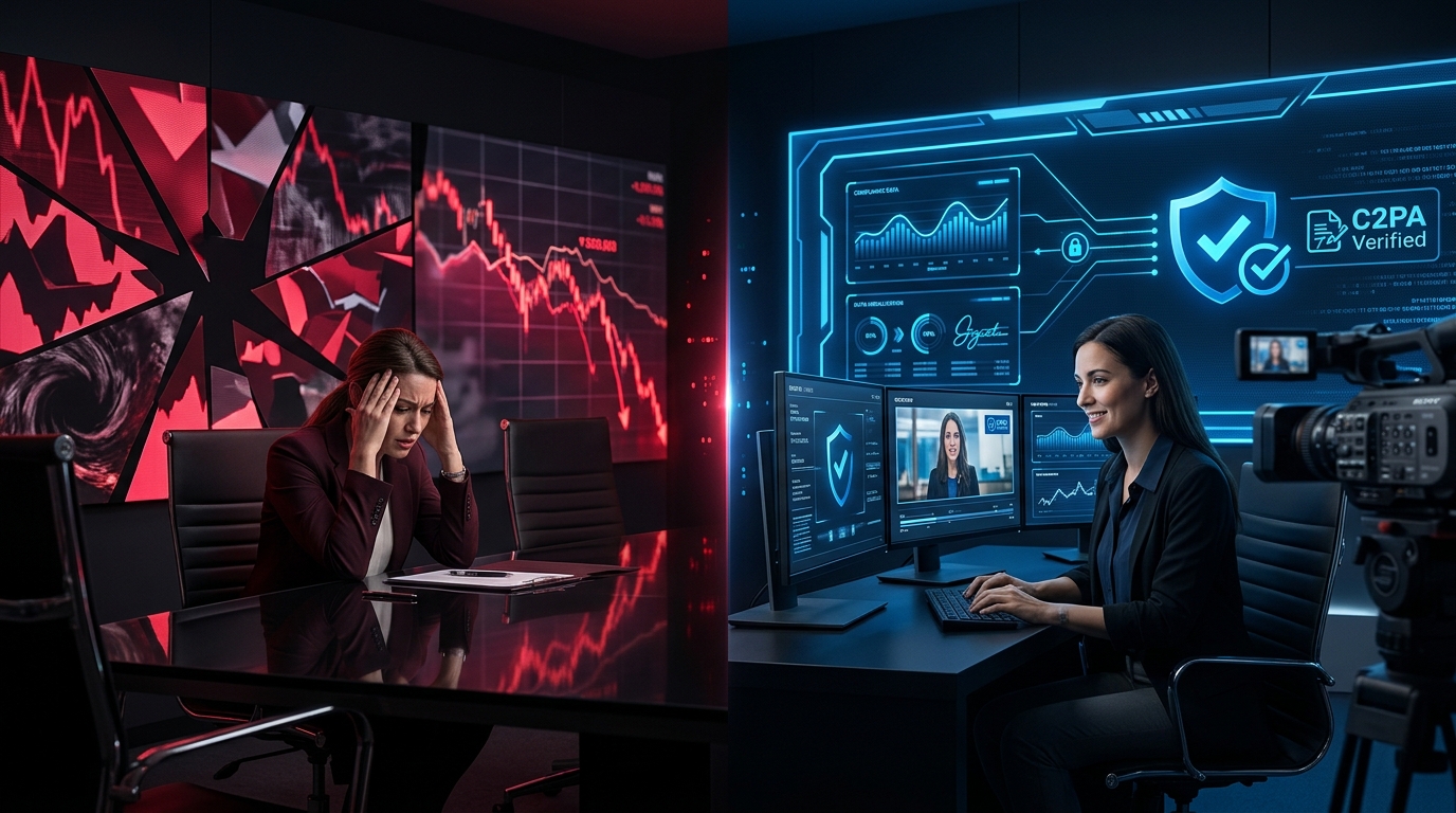 A split-screen graphic comparing the high financial costs of a deepfake PR crisis versus the low implementation cost of C2PA compliance.