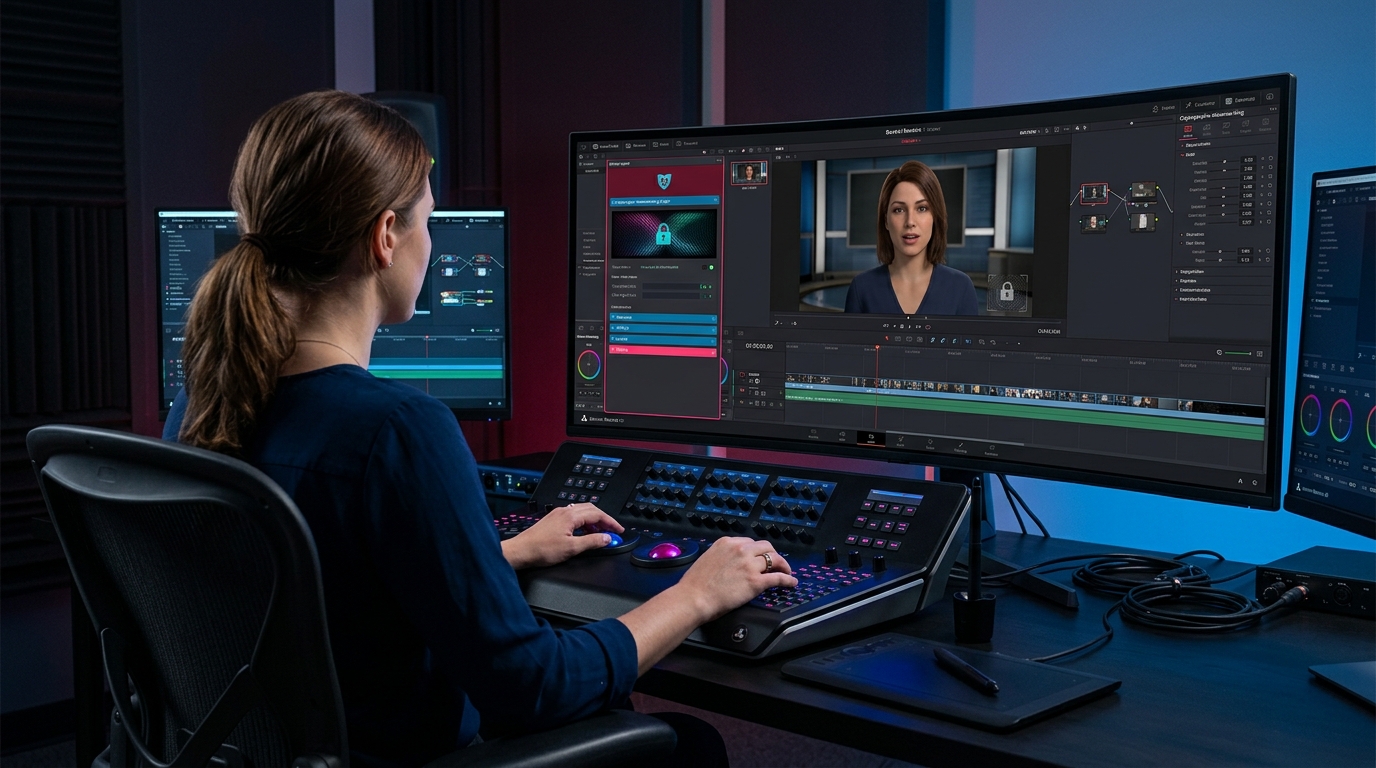 A screenshot of a professional video editing software interface showing a cryptographic watermarking plugin applied to a synthetic actor.