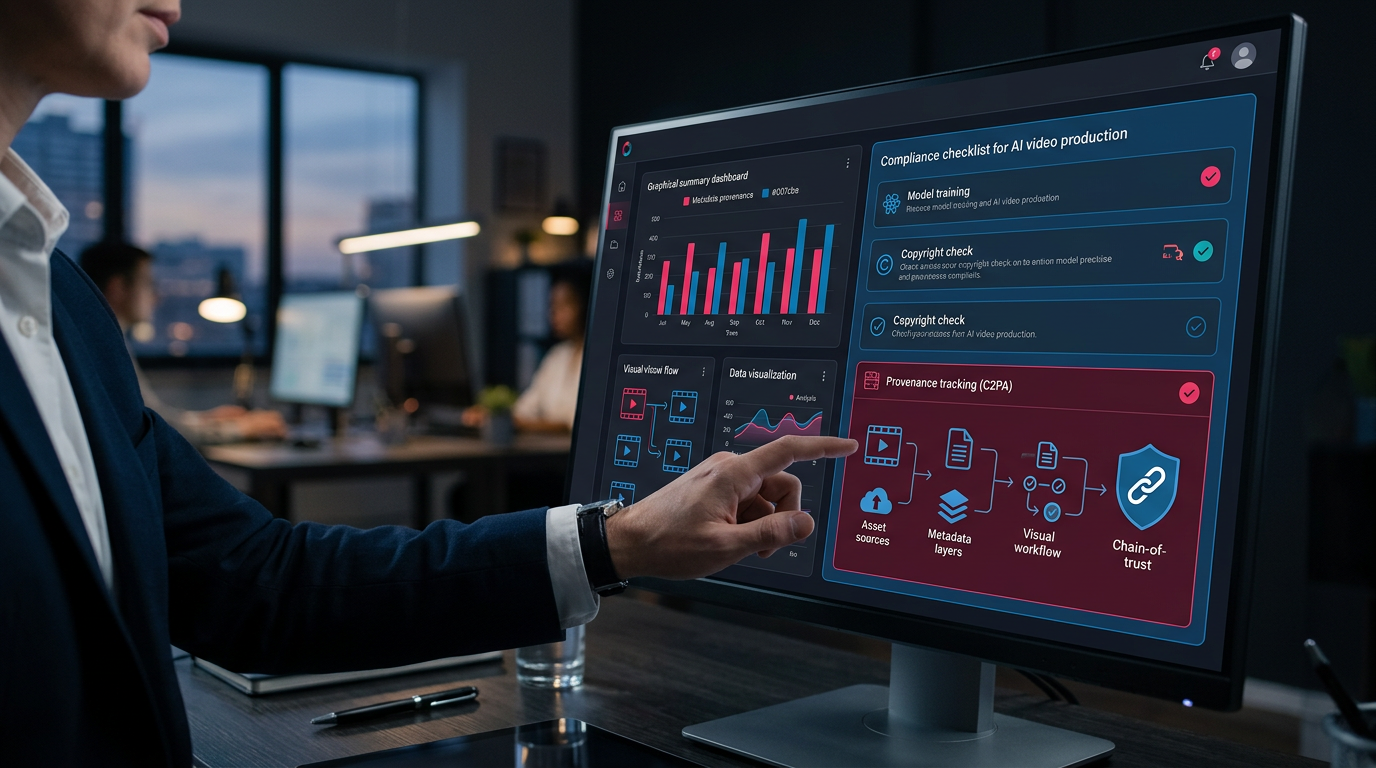 A digital dashboard showing a compliance checklist for enterprise AI video production under ai video law.