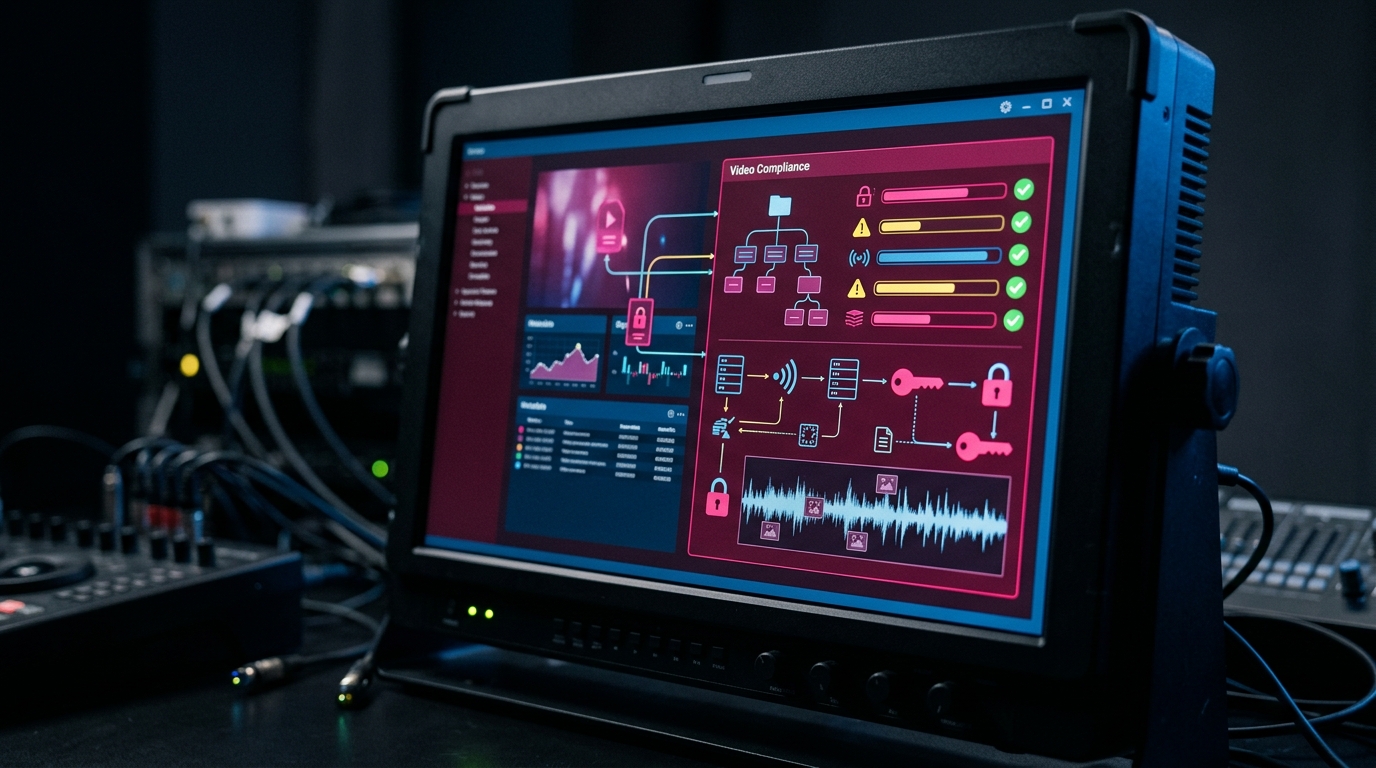 A detailed close-up of a video metadata panel displaying C2PA provenance data, watermarking details, and Article 50 eu ai act video compliance indicators.