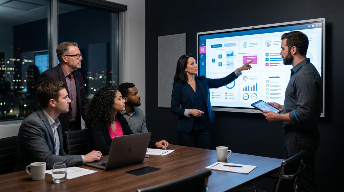 A corporate boardroom where a video production team is reviewing an AI compliance checklist on a large digital display.