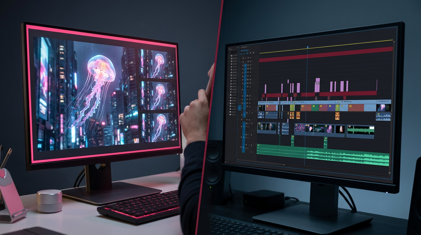 A split screen showing raw prompts and edited timelines, illustrating compliance with ai video law.