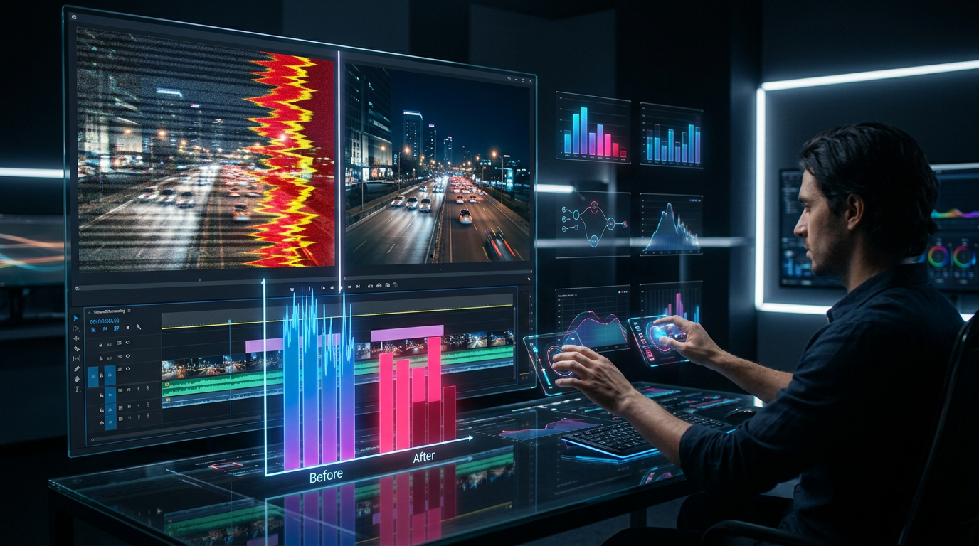A sleek bar chart graphic overlaid on a futuristic video editing timeline, displaying the 42 percent reduction in temporal flickering and 35 percent improvement in motion smoothness.