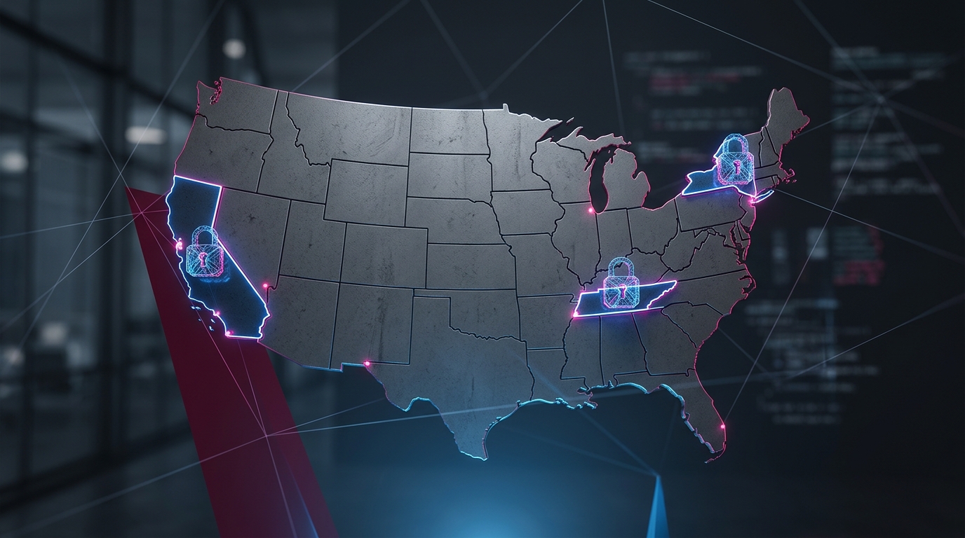 A US map highlighting states with strict regulations under ai video law.