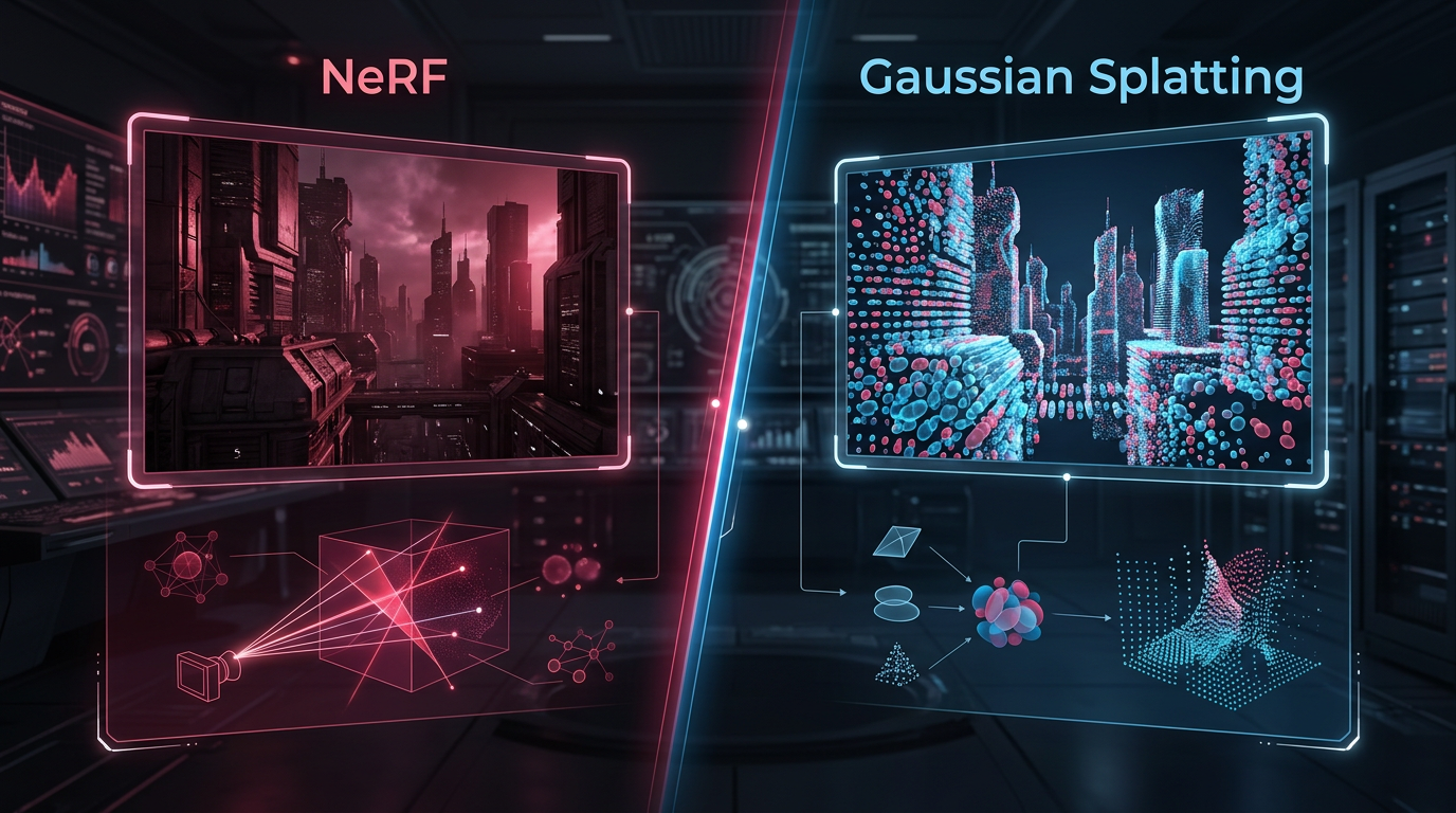 A technical diagram comparing nerf vs gaussian splatting processing, showing how a neural network processes 2D images to output a 3D Neural Radiance Field.