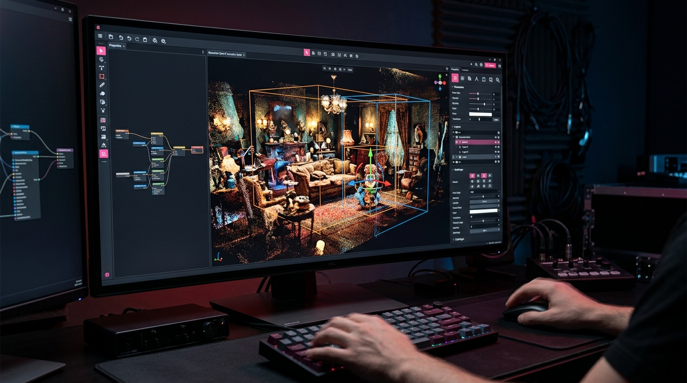 A screenshot of a software interface like SuperSplat or SplatForge, showing a user editing a highly detailed 3D Gaussian Splat point cloud of a cinematic set.