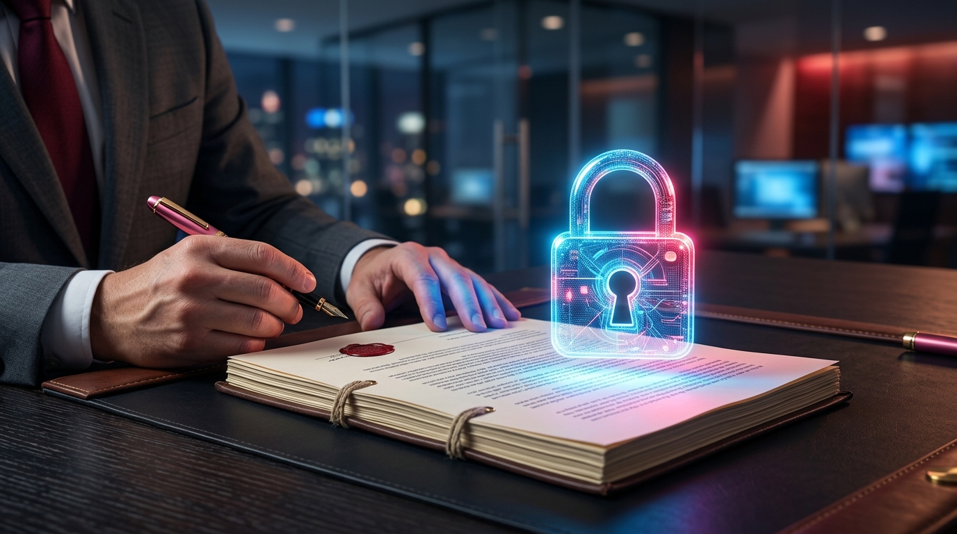A glowing digital padlock overlaying a legal document, representing the strict compliance required by the EU AI Act in modern c2pa enterprise video production.