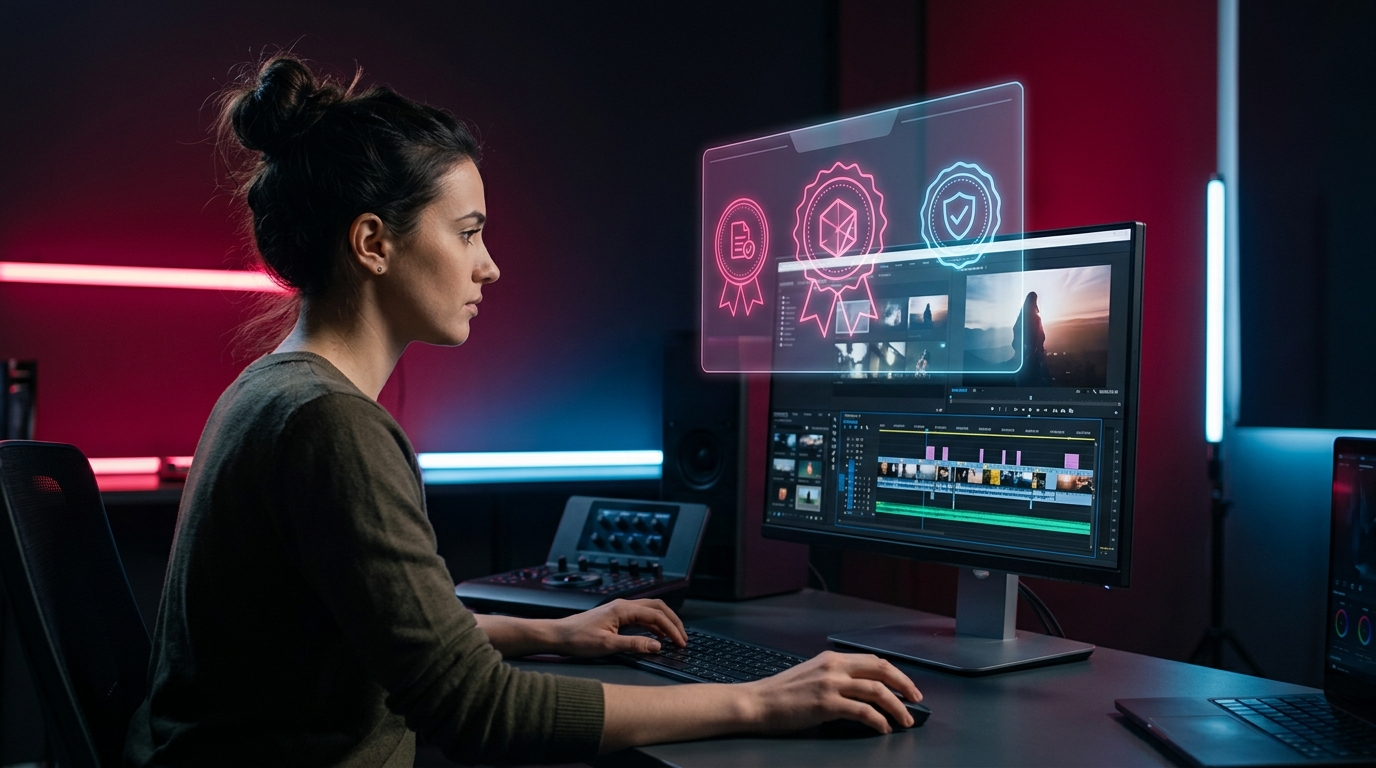 A professional video editor in a dark studio examining a timeline, with a holographic C2PA credential badge floating above the monitor.