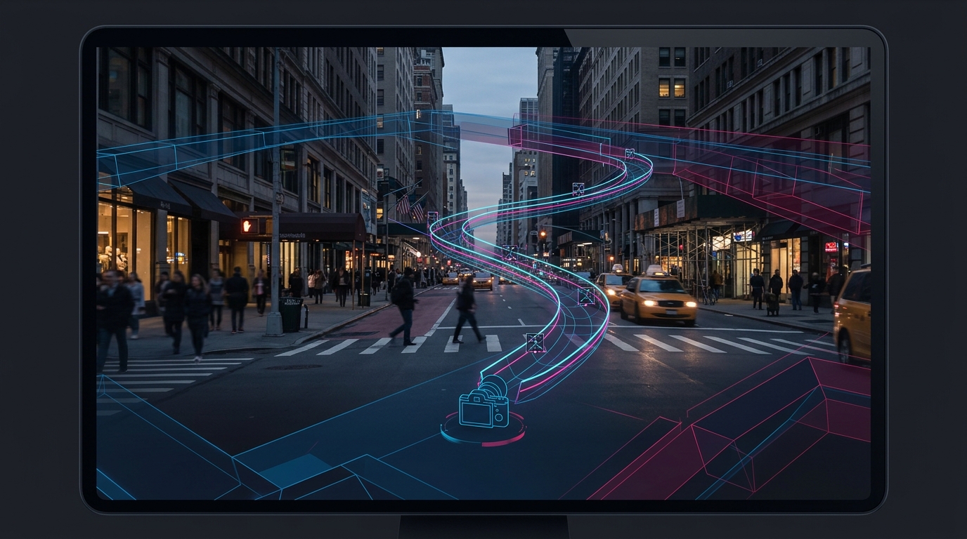 A 3D wireframe interface showing a virtual camera trajectory path for precise ai video camera control overlaid on a generated video of a bustling city street.