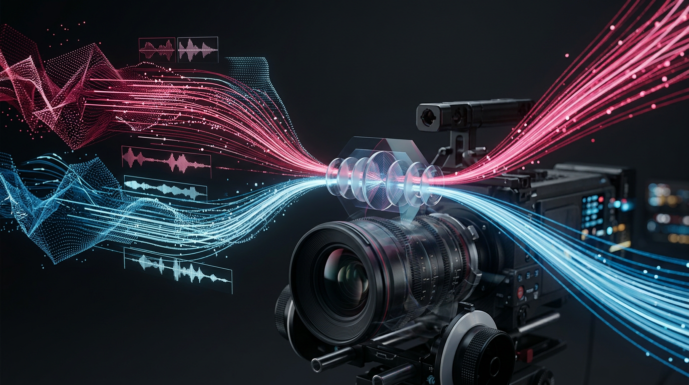 A technical diagram illustrating the Camera-Decoupled Cross-Attention mechanism for ai video camera control separating trajectory data streams from lens effect data streams.