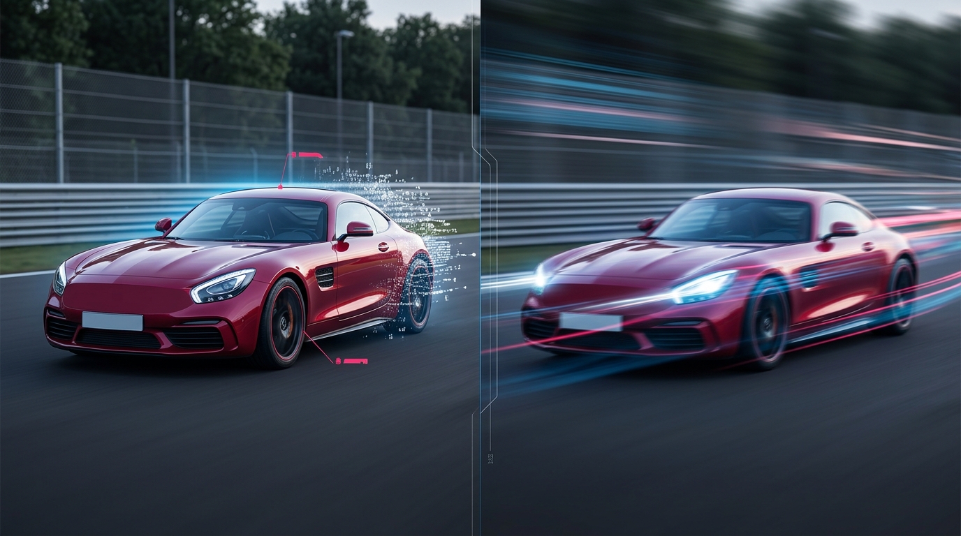 A side-by-side comparison of an AI-generated sports car, one showing sharp focus with a fast shutter speed, and the other showing dynamic motion blur with a slow shutter speed.
