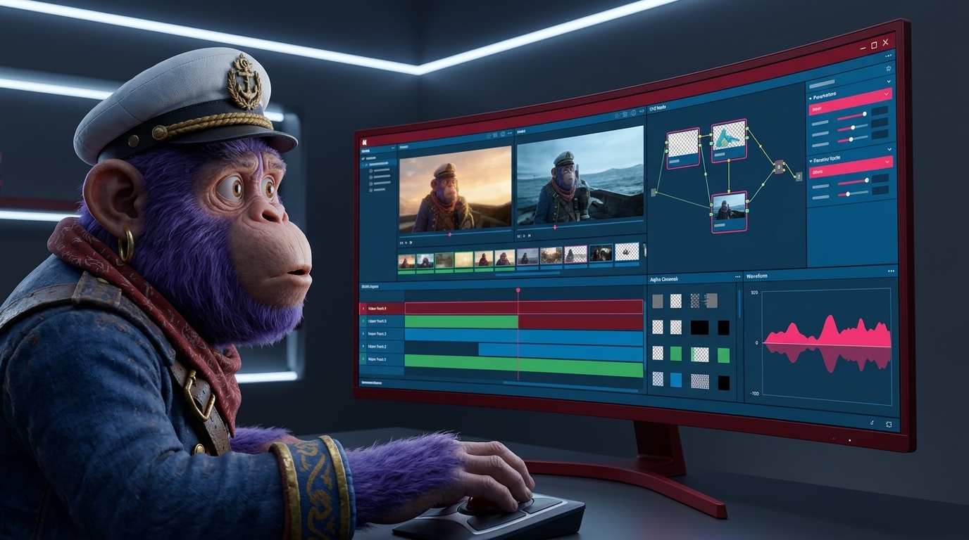 A complex digital compositing software interface, showing multiple video layers, alpha channels, and VFX nodes seamlessly blending AI-generated footage with live-action elements.
