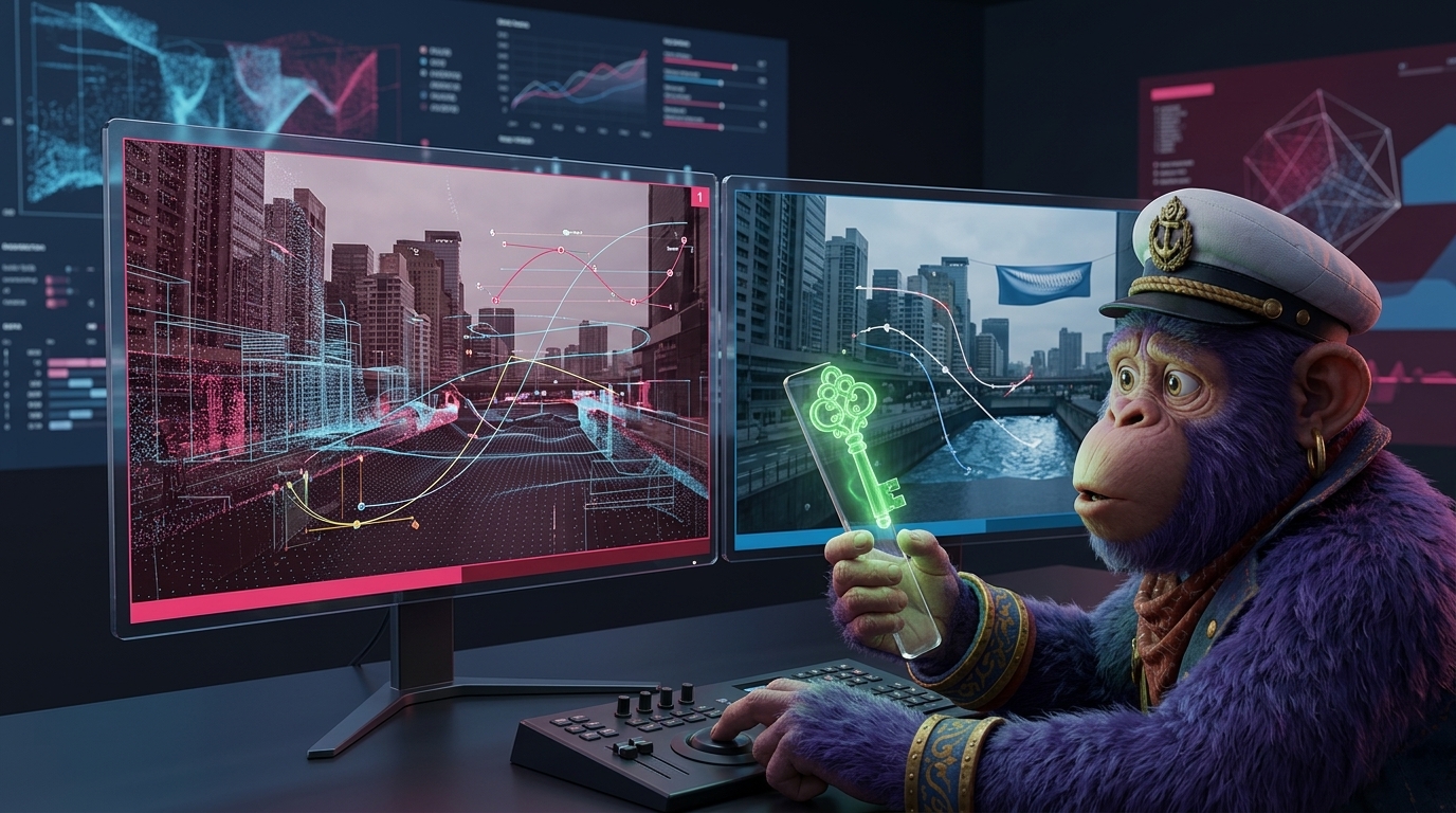 A highly detailed 3D wireframe overlaying a photorealistic cinematic shot, demonstrating AI physics simulation in a sora vs runway gen-3 comparison.