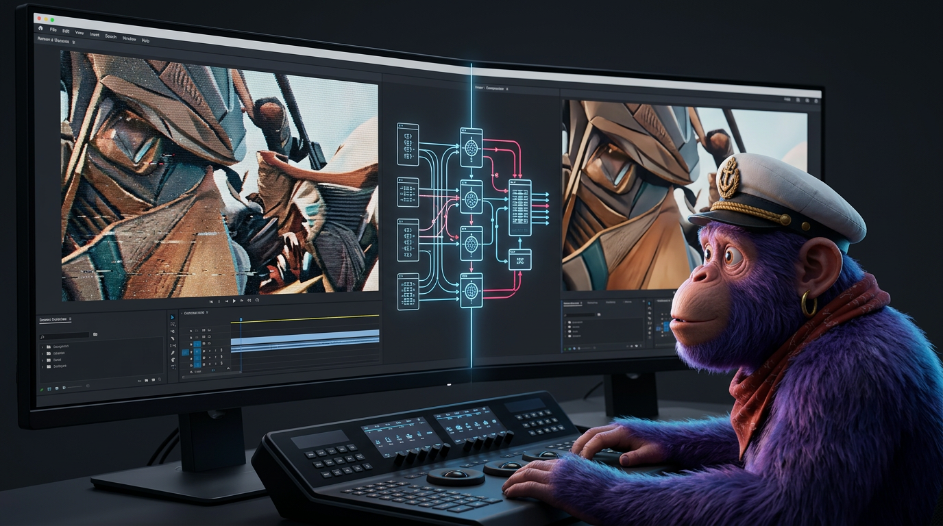 A side-by-side comparison showing a raw AI video frame with noisy pixel artifacts next to a smooth, optically corrected frame.