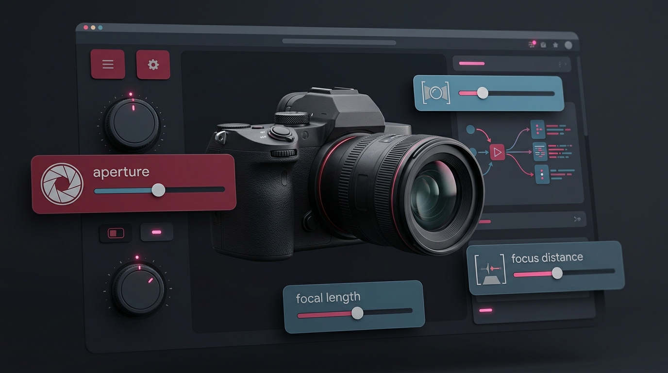 A virtual camera interface for gen-3 ai video showing sliders for aperture, focal length, and focus distance.