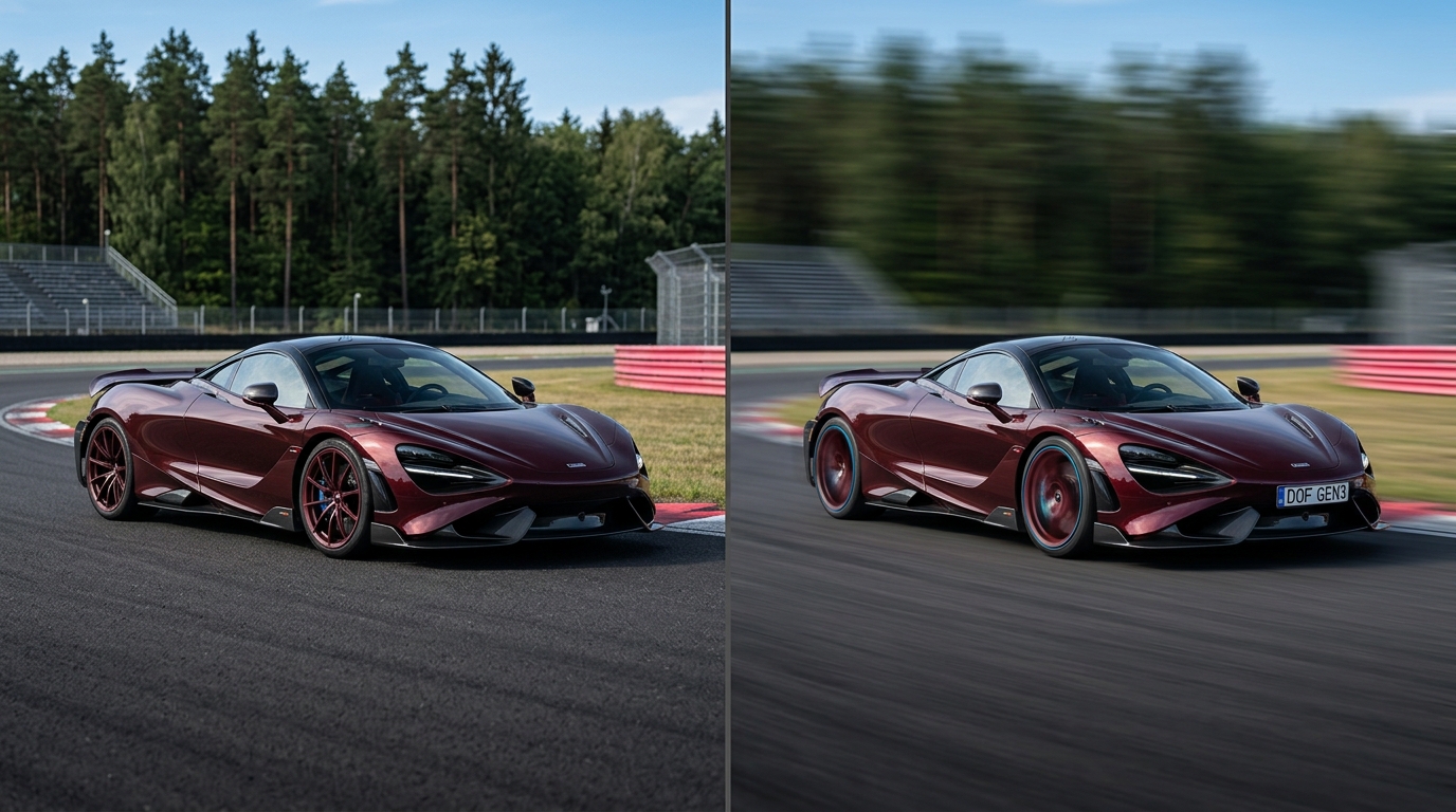 A side-by-side comparison of motion blur in a gen-3 ai video frame showing a fast-moving car.