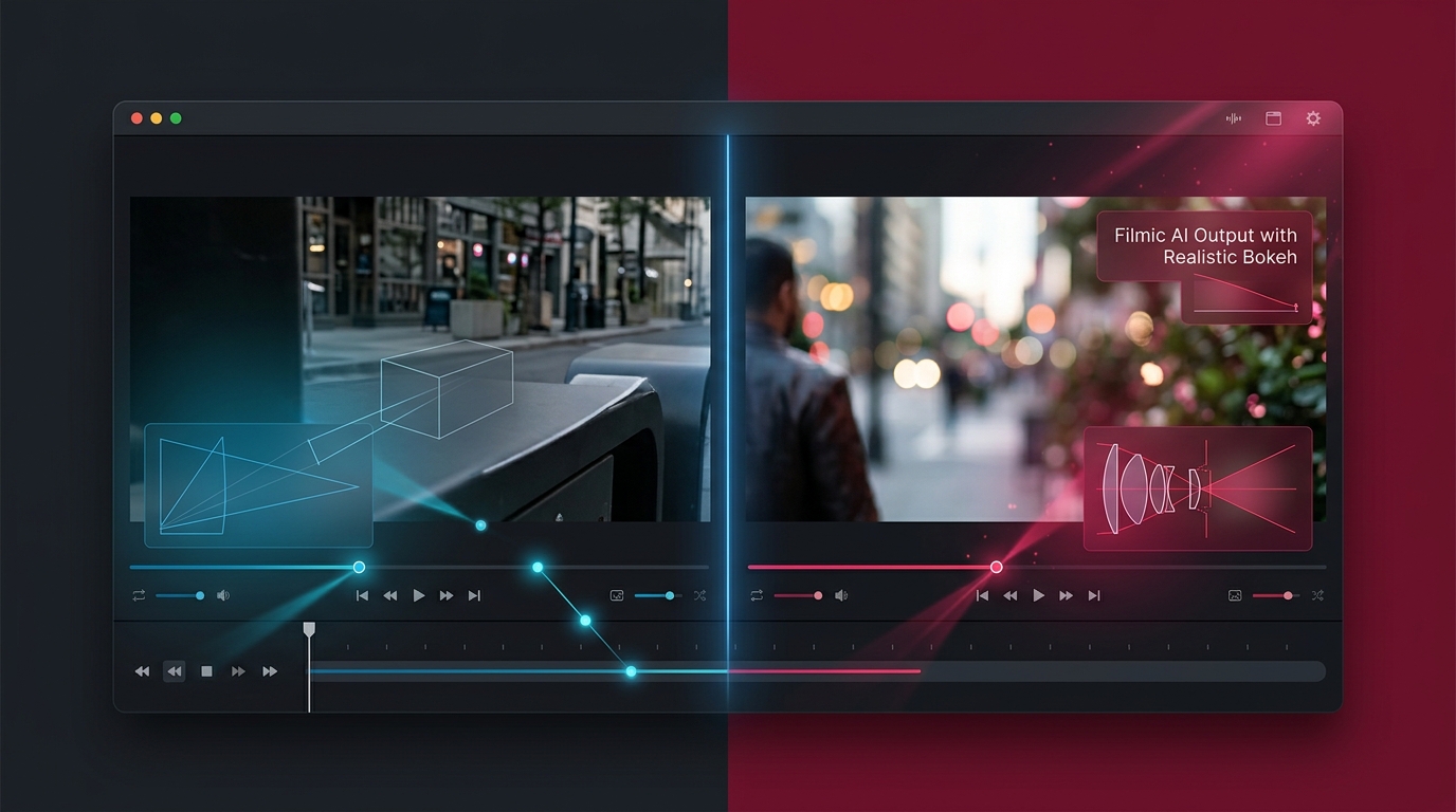 A side-by-side comparison showing a flat AI-generated video frame next to a cinematic bokeh ai video frame with realistic, gradual sharpness falloff.