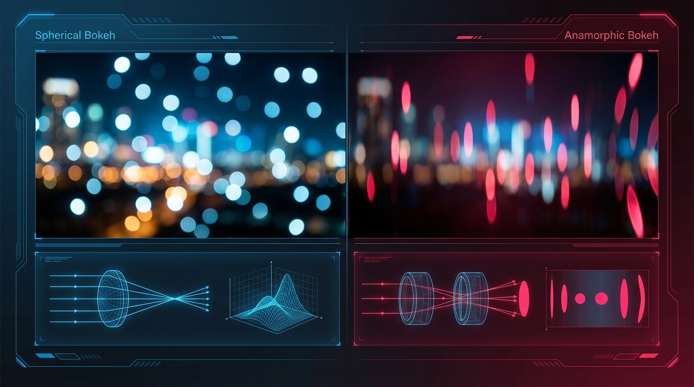 A detailed infographic comparing spherical bokeh on the left with anamorphic bokeh on the right, highlighting round vs. oval shapes and normal vs. cat-eye edge distortion.