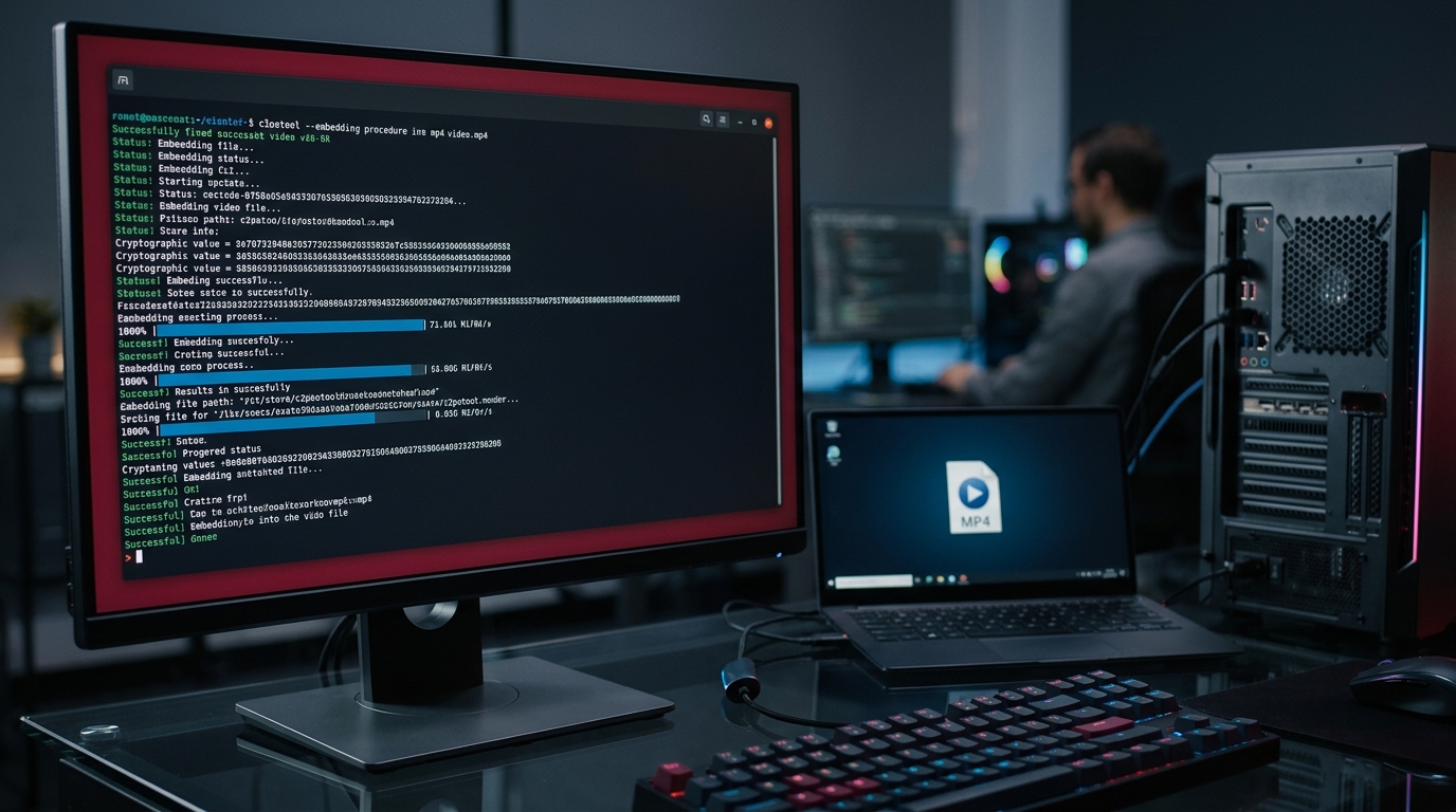 An architectural diagram detailing c2pa video pipelines where raw footage enters, passes through AI rendering nodes, receives a C2PA manifest in a UUID box, and outputs as a secure MP4.