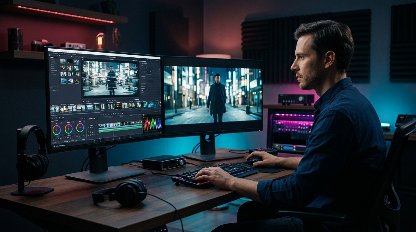 A professional video editor fixing ai video flickering in a modern post-production studio setup.