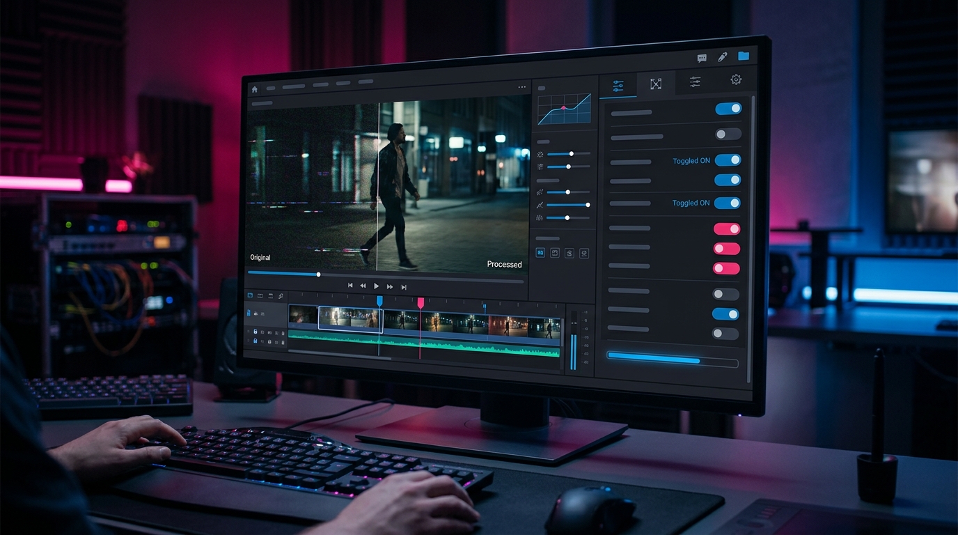 A software interface mockup showing settings configured to prevent ai video flickering in an enterprise tool.