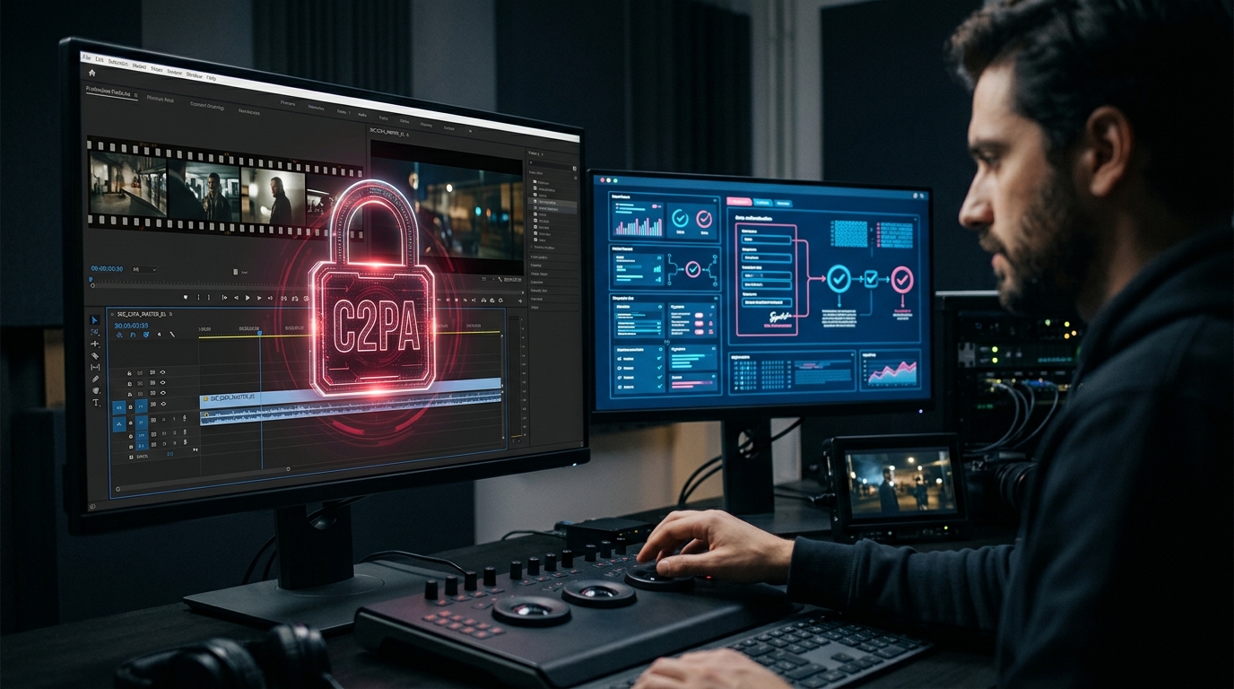 A sleek, futuristic digital interface showing a video file with a glowing c2pa content credentials badge and a verified provenance checklist.